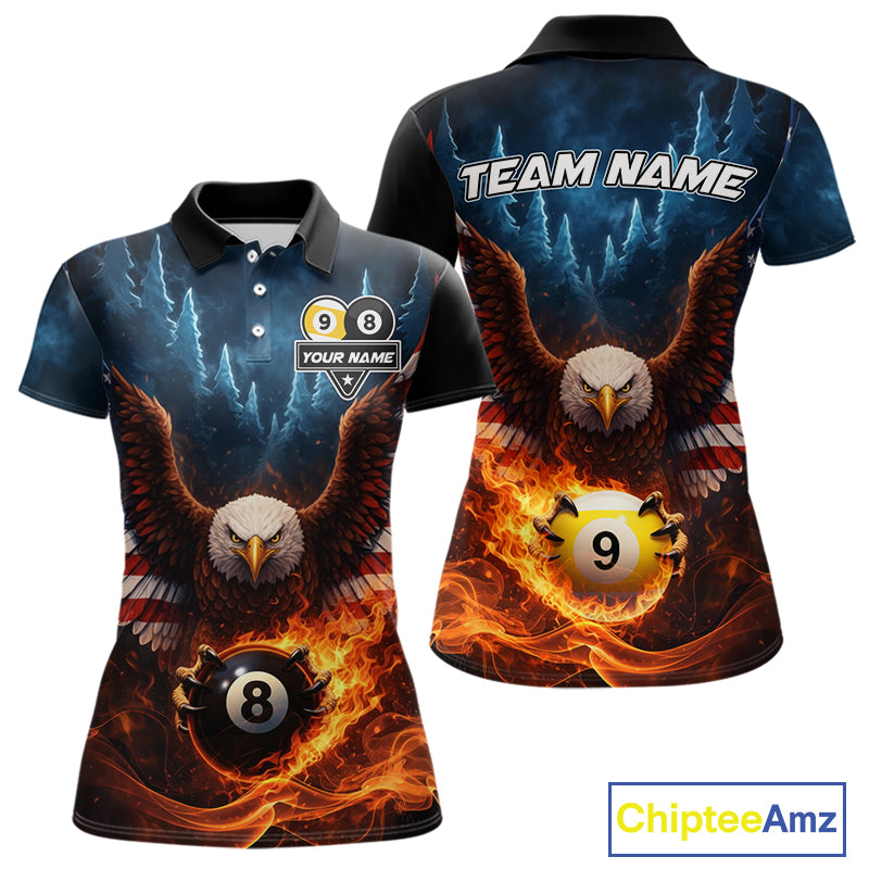 American Flag Eagle 8 Ball & 9 Ball Flame Billiard Shirt For Women Custom Patriotic Billiard Jersey TDM5755