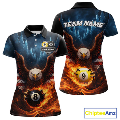 American Flag Eagle 8 Ball & 9 Ball Flame Billiard Shirt For Women Custom Patriotic Billiard Jersey TDM5755
