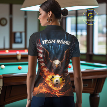 American Flag Eagle 8 Ball & 9 Ball Flame Billiard Shirt For Women Custom Patriotic Billiard Jersey TDM5755