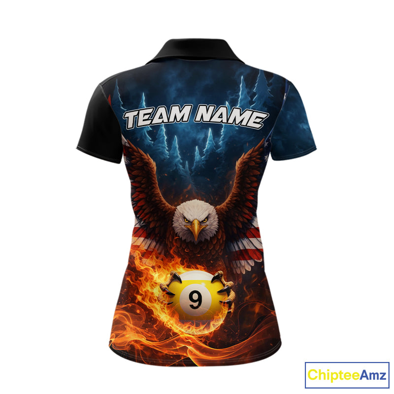 American Flag Eagle 8 Ball & 9 Ball Flame Billiard Shirt For Women Custom Patriotic Billiard Jersey TDM5755