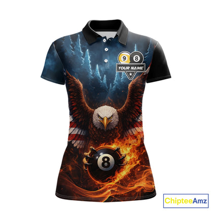 American Flag Eagle 8 Ball & 9 Ball Flame Billiard Shirt For Women Custom Patriotic Billiard Jersey TDM5755
