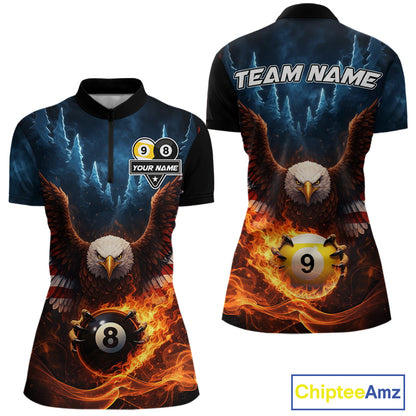American Flag Eagle 8 Ball & 9 Ball Flame Billiard Shirt For Women Custom Patriotic Billiard Jersey TDM5755
