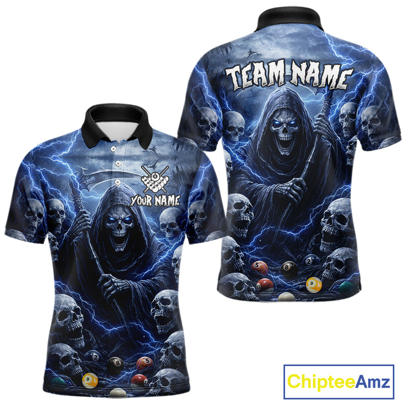 Blue Grim Reaper Lightning Billiard Shirt For Men Custom Skull Pool Team Jersey Polo & 1/4 Zip TDM5963
