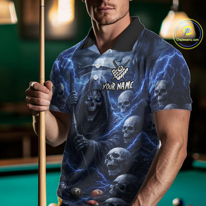 Blue Grim Reaper Lightning Billiard Shirt For Men Custom Skull Pool Team Jersey Polo & 1/4 Zip TDM5963