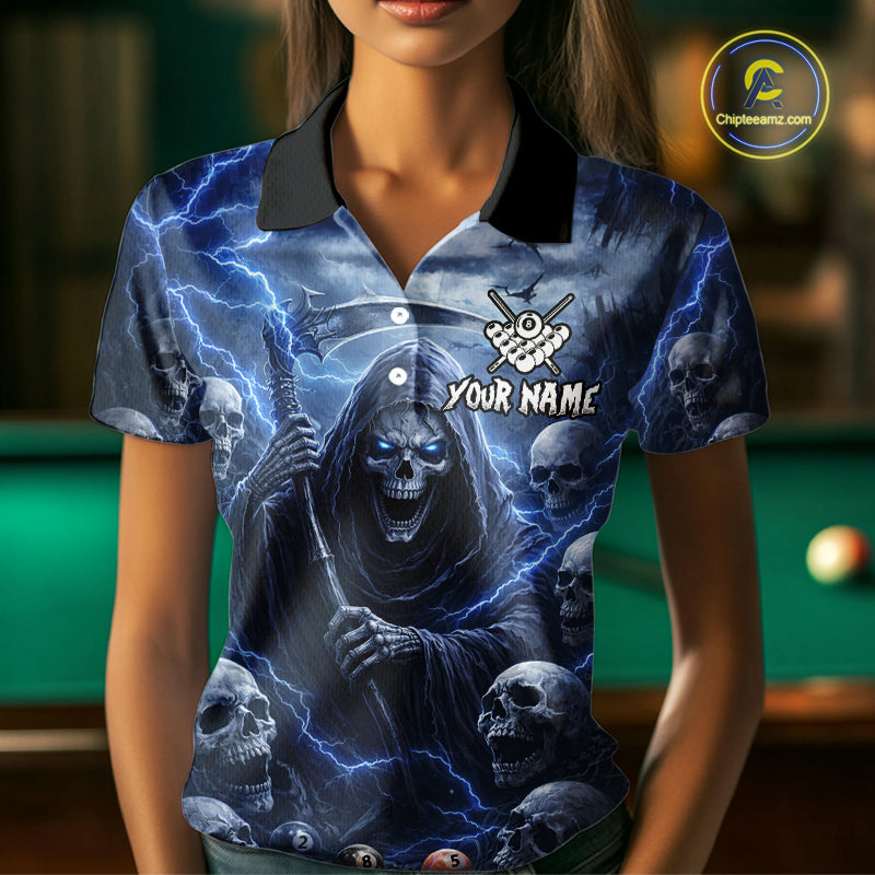 Blue Grim Reaper Lightning Billiard Shirt For Women Custom Skull Pool Team Jersey Polo & 1/4 Zip TDM5963