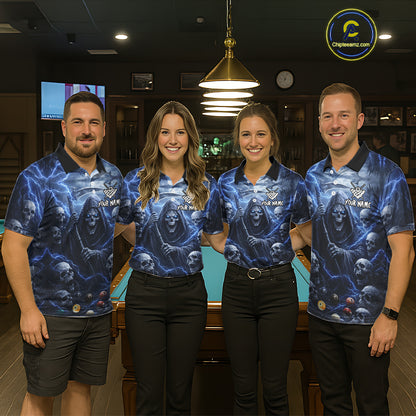 Blue Grim Reaper Lightning Billiard Shirt For Men Custom Skull Pool Team Jersey Polo & 1/4 Zip TDM5963