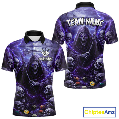 Purple Grim Reaper Lightning Billiard Shirt For Men Custom Skull Pool Team Jersey Polo & 1/4 Zip TDM5964