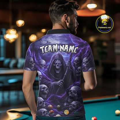 Purple Grim Reaper Lightning Billiard Shirt For Men Custom Skull Pool Team Jersey Polo & 1/4 Zip TDM5964