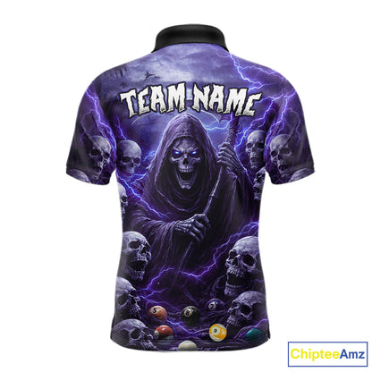 Purple Grim Reaper Lightning Billiard Shirt For Men Custom Skull Pool Team Jersey Polo & 1/4 Zip TDM5964