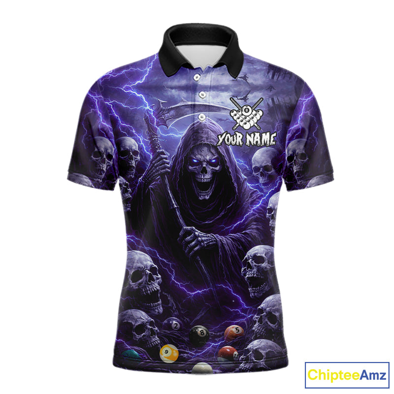Purple Grim Reaper Lightning Billiard Shirt For Men Custom Skull Pool Team Jersey Polo & 1/4 Zip TDM5964