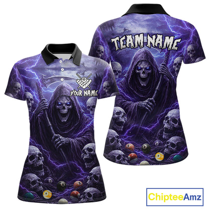 Purple Grim Reaper Lightning Billiard Shirt For Women Custom Skull Pool Team Jersey Polo & 1/4 Zip TDM5964