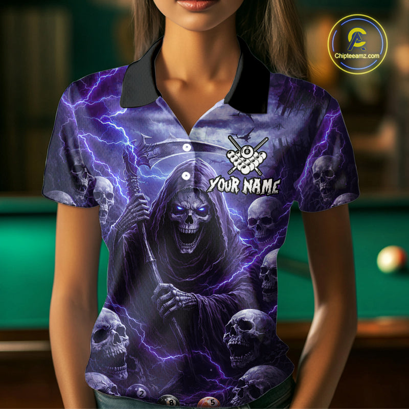 Purple Grim Reaper Lightning Billiard Shirt For Women Custom Skull Pool Team Jersey Polo & 1/4 Zip TDM5964