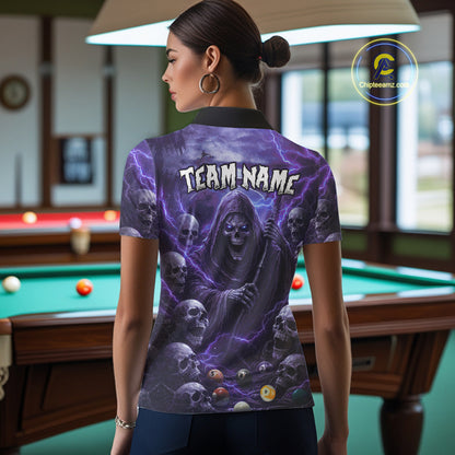 Purple Grim Reaper Lightning Billiard Shirt For Women Custom Skull Pool Team Jersey Polo & 1/4 Zip TDM5964