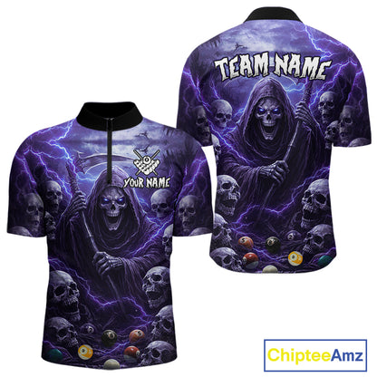 Purple Grim Reaper Lightning Billiard Shirt For Men Custom Skull Pool Team Jersey Polo & 1/4 Zip TDM5964