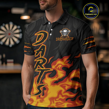 Black And Orange Custom Fire Flame Skull Darts Shirt For Men, Darts Jersey Team Polo & 1/4 Zip TDM5057