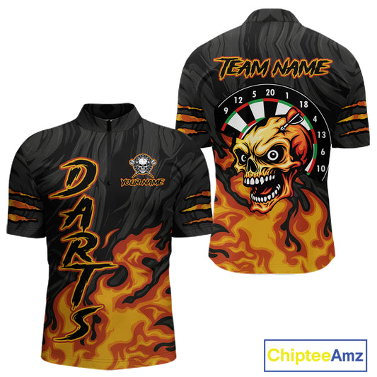 Black And Orange Custom Fire Flame Skull Darts Shirt For Men, Darts Jersey Team Polo & 1/4 Zip TDM5057