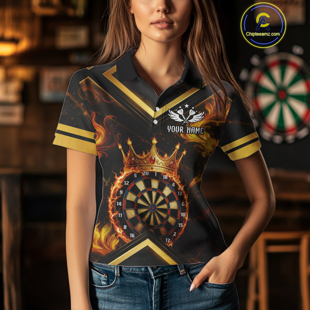 Black And Gold Dartboard Crown Darts Shirt For Women Custom Dart Jerseys Team Polo & 1/4 Zip TDM5278