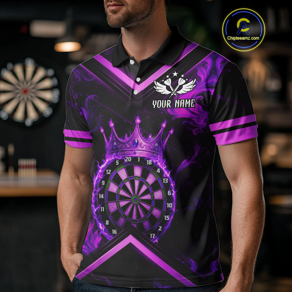 Black And Purple Dartboard Crown Darts Shirt For Men Custom Dart Jerseys Team Polo & 1/4 Zip TDM5279