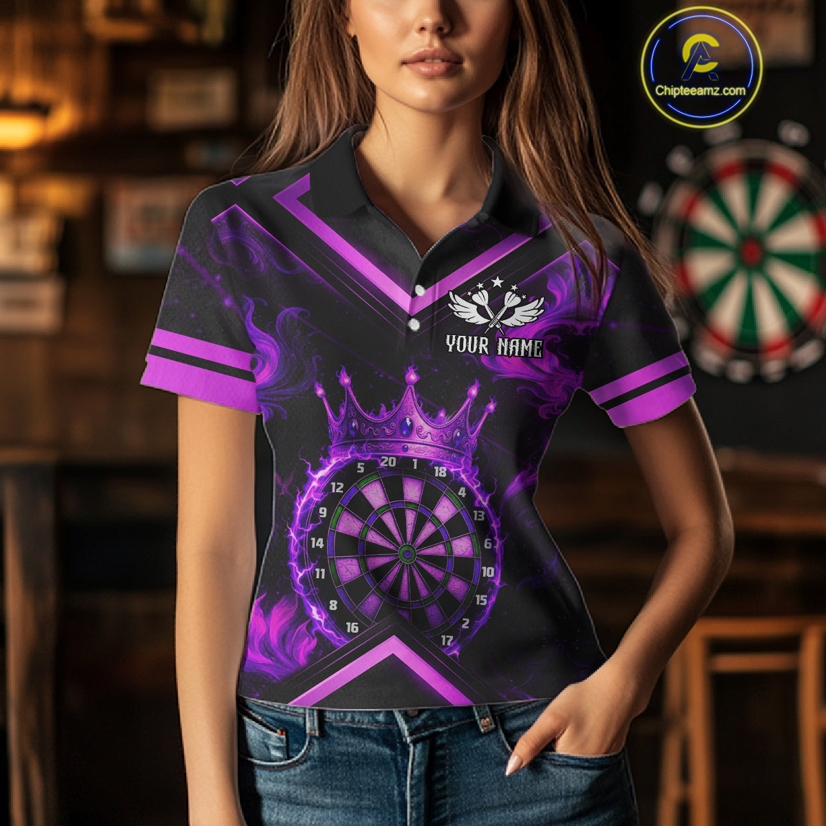 Black And Purple Dartboard Crown Darts Shirt For Women Custom Dart Jerseys Team Polo & 1/4 Zip TDM5279