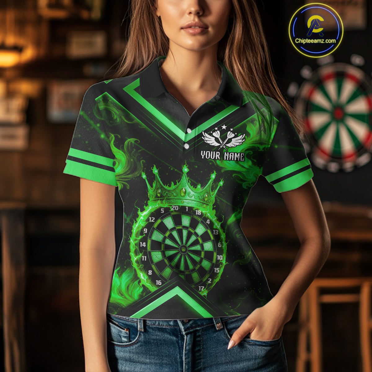 Black And Green Dartboard Crown Darts Shirt For Women Custom Dart Jerseys Team Polo & 1/4 Zip TDM5527
