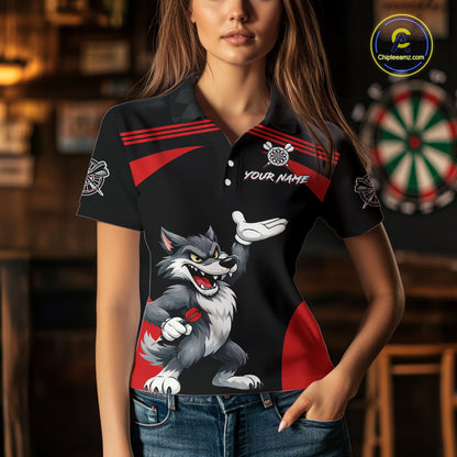 Black And Red Funny Wolf Darts Shirt For Women Custom Darts Jersey, Darts Outift Polo & 1/4 Zip TDM6142