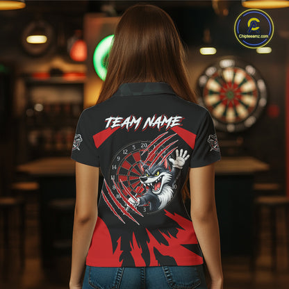 Black And Red Funny Wolf Darts Shirt For Women Custom Darts Jersey, Darts Outift Polo & 1/4 Zip TDM6142
