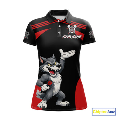 Black And Red Funny Wolf Darts Shirt For Women Custom Darts Jersey, Darts Outift Polo & 1/4 Zip TDM6142