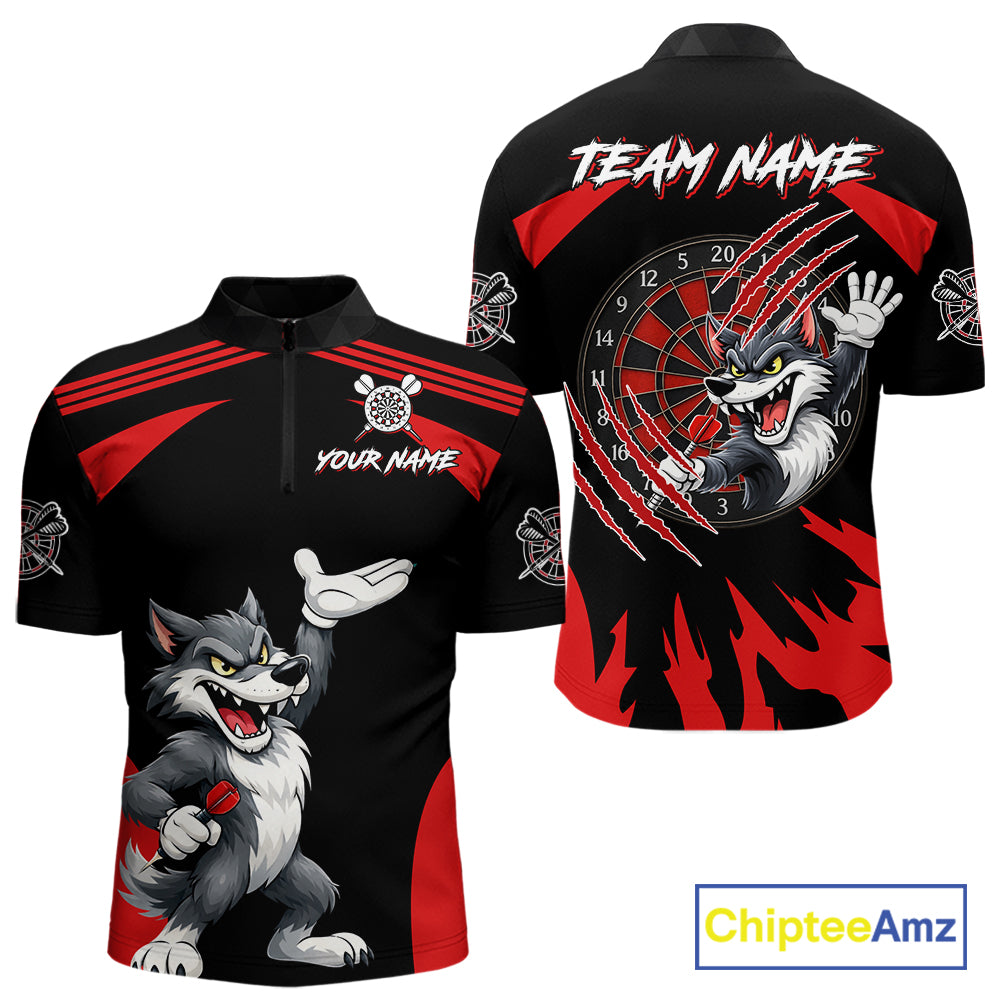 Black And Red Funny Wolf Darts Shirt For Men Custom Darts Jersey, Darts Outift Polo & 1/4 Zip TDM6142