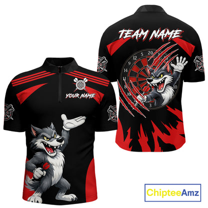 Black And Red Funny Wolf Darts Shirt For Men Custom Darts Jersey, Darts Outift Polo & 1/4 Zip TDM6142