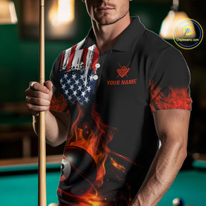 Orange Flaming American Flag 8 Ball Billiard Shirt For Men Custom Patriotic Pool Team Jersey TDM4841