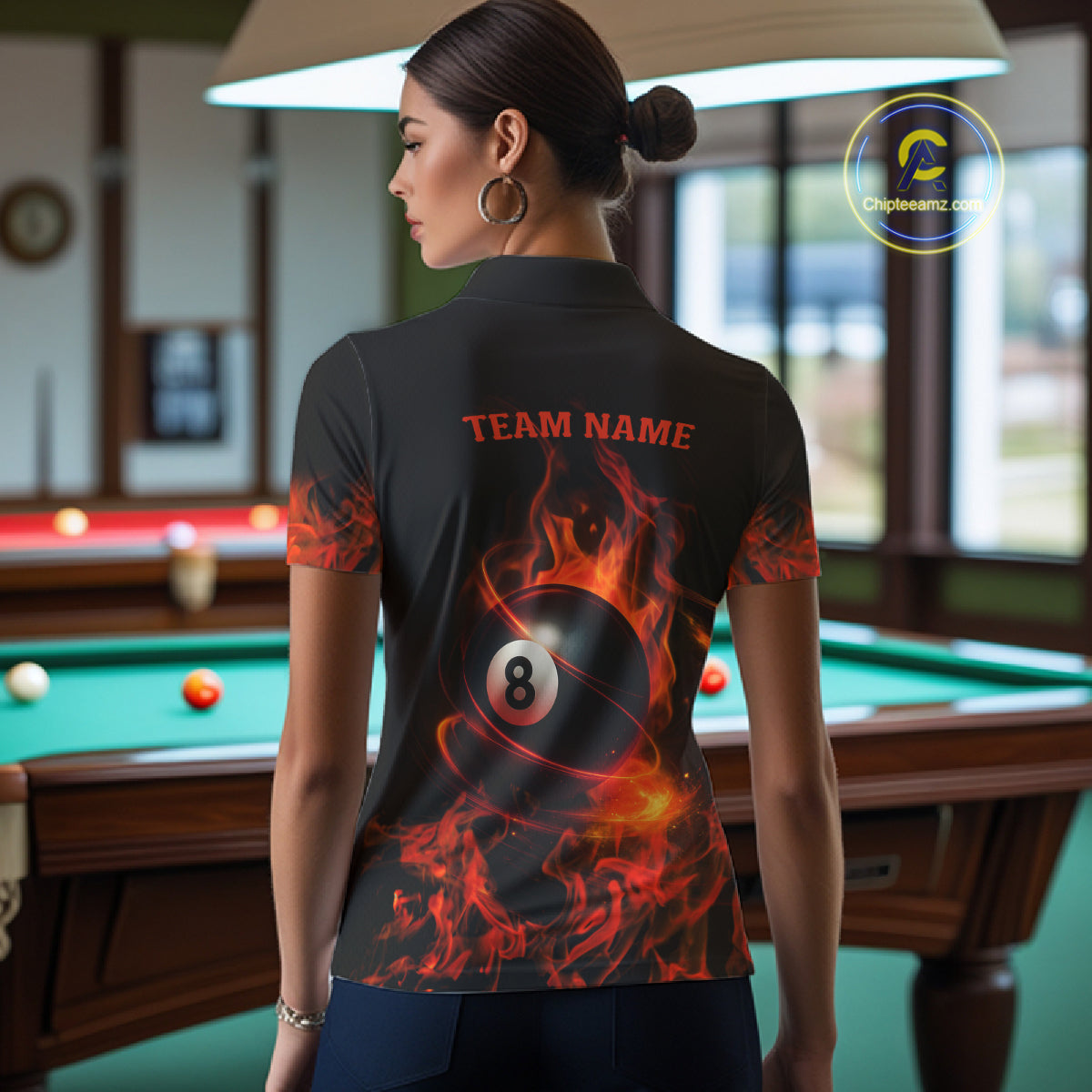 Orange Flaming American Flag 8 Ball Billiard Shirt For Women Custom Patriotic Pool Team Jersey TDM4841