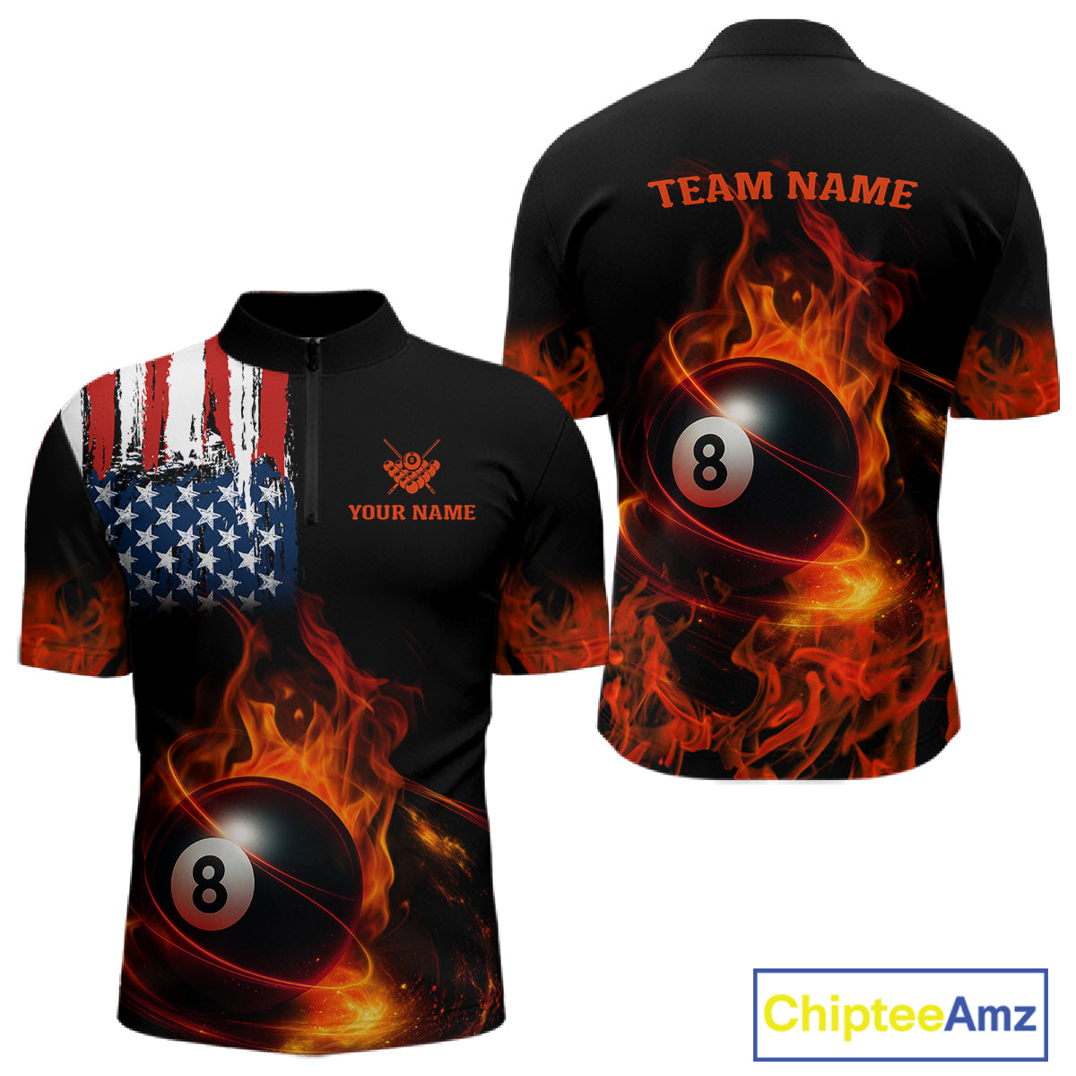 Orange Flaming American Flag 8 Ball Billiard Shirt For Men Custom Patriotic Pool Team Jersey TDM4841