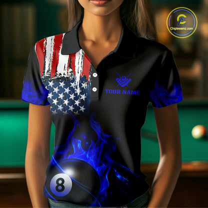 Blue Flaming American Flag 8 Ball Billiard Shirt For Women Custom Patriotic Pool Team Jersey TDM4842