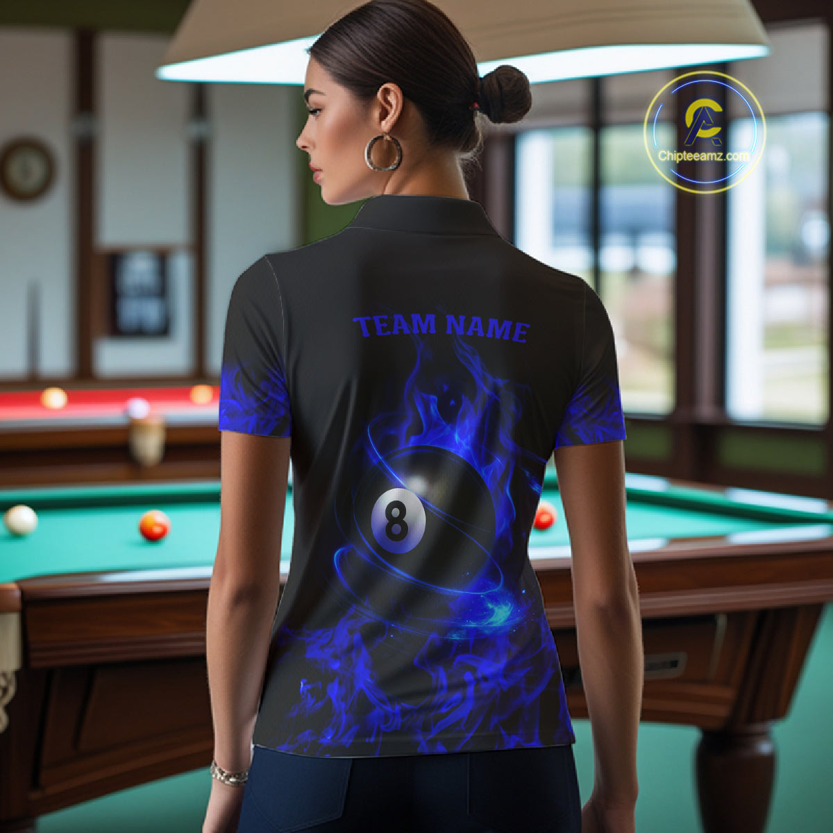 Blue Flaming American Flag 8 Ball Billiard Shirt For Women Custom Patriotic Pool Team Jersey TDM4842