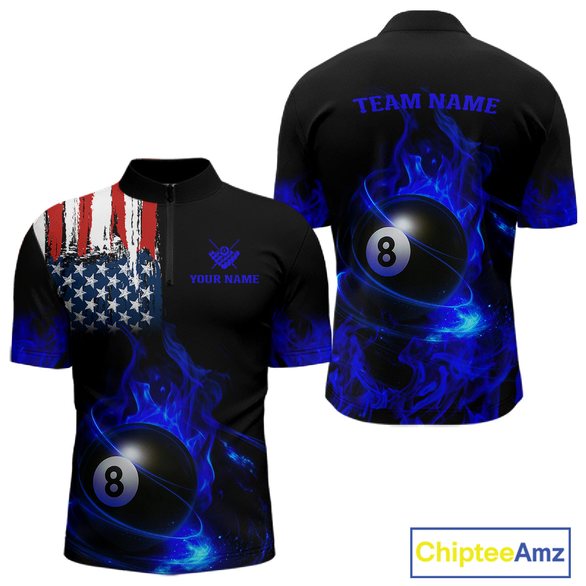 Blue Flaming American Flag 8 Ball Billiard Shirt For Men Custom Patriotic Pool Team Jersey TDM4842