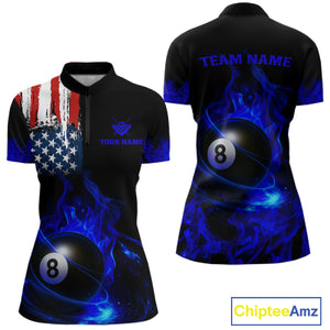 Blue Flaming American Flag 8 Ball Billiard Shirt For Women Custom Patriotic Pool Team Jersey TDM4842