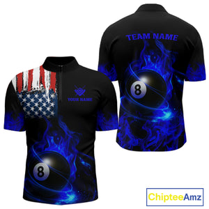 Blue Flaming American Flag 8 Ball Billiard Shirt For Men Custom Patriotic Pool Team Jersey TDM4842