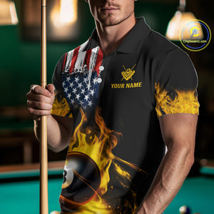 Yellow Flaming American Flag 8 Ball Billiard Shirt For Men Custom Patriotic Pool Team Jersey TDM4843