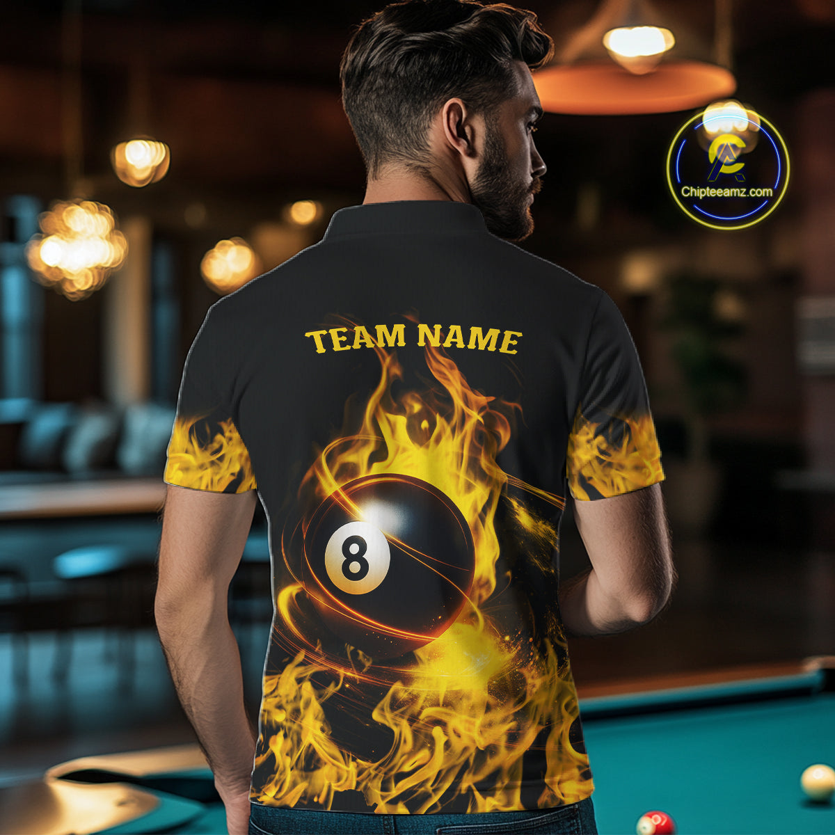 Yellow Flaming American Flag 8 Ball Billiard Shirt For Men Custom Patriotic Pool Team Jersey TDM4843