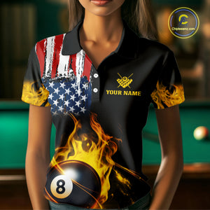 Yellow Flaming American Flag 8 Ball Billiard Shirt For Women Custom Patriotic Pool Team Jersey TDM4843