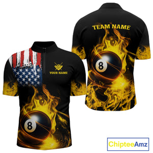Yellow Flaming American Flag 8 Ball Billiard Shirt For Men Custom Patriotic Pool Team Jersey TDM4843