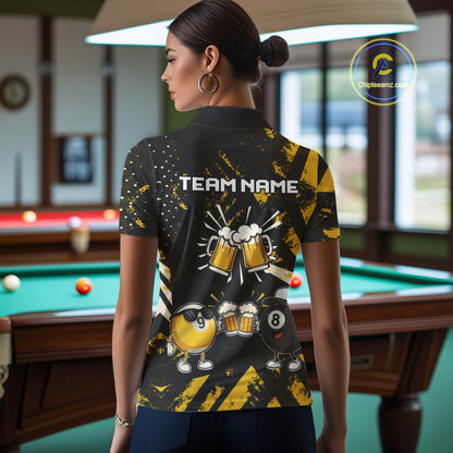 Yellow Black Funny Beer Billiard Shirt For Women Custom 8 Ball & 9 Ball Pool Jersey Polo & 1/4 Zip TDM5288