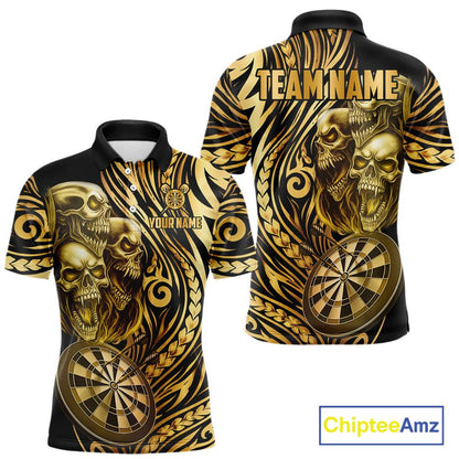 Black And Gold Custom Skull Darts Shirt For Men, Tribal Darts Team Jersey Polo & Quarter Zip TDM5805