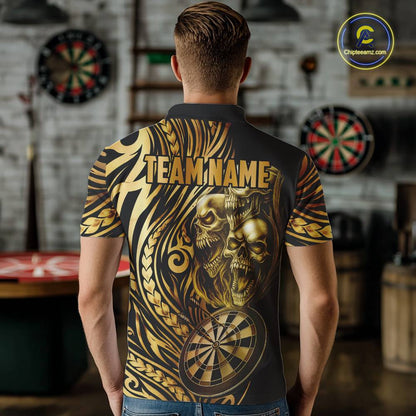 Black And Gold Custom Skull Darts Shirt For Men, Tribal Darts Team Jersey Polo & Quarter Zip TDM5805