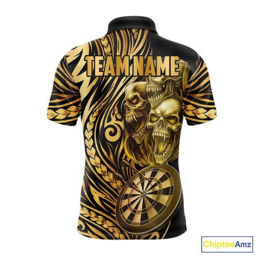 Black And Gold Custom Skull Darts Shirt For Men, Tribal Darts Team Jersey Polo & Quarter Zip TDM5805