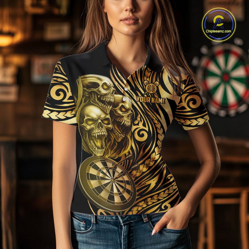 Black And Gold Custom Skull Darts Shirt For Women, Tribal Darts Team Jersey Polo & Quarter Zip TDM5805