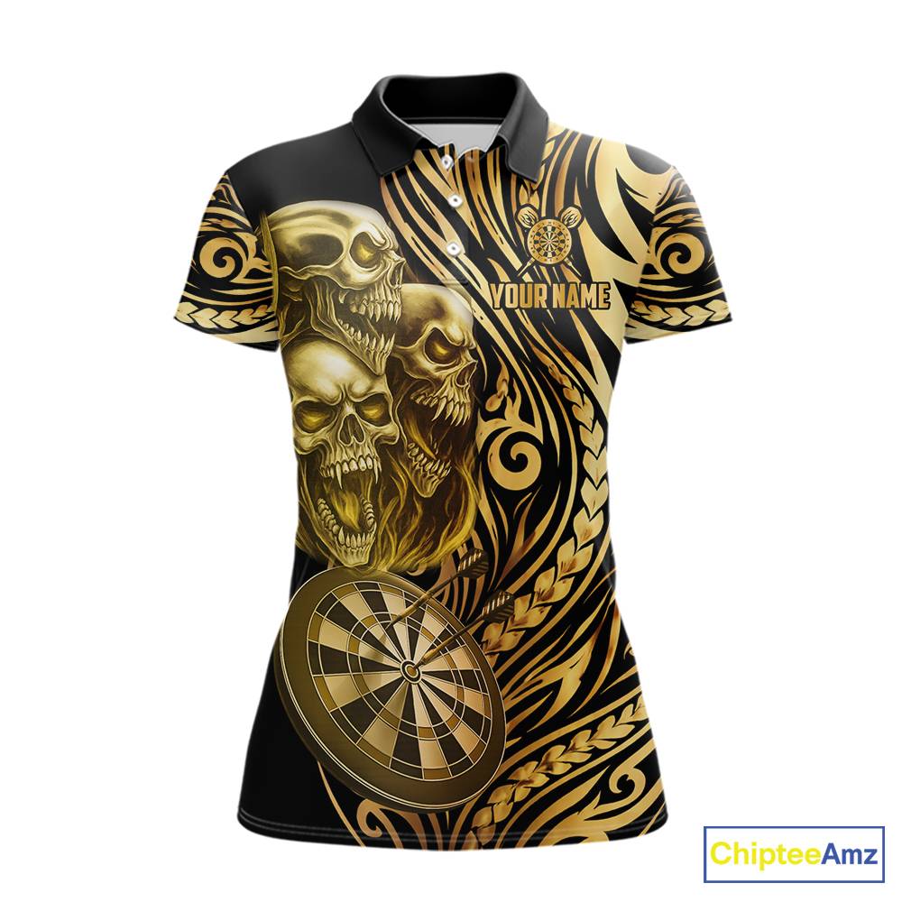 Black And Gold Custom Skull Darts Shirt For Women, Tribal Darts Team Jersey Polo & Quarter Zip TDM5805