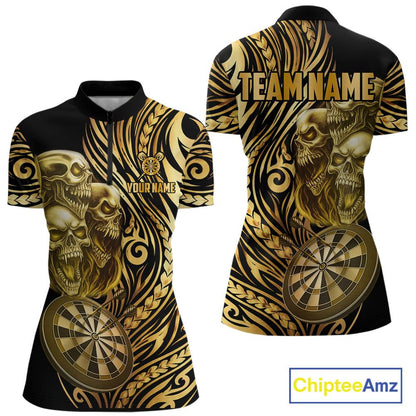 Black And Gold Custom Skull Darts Shirt For Women, Tribal Darts Team Jersey Polo & Quarter Zip TDM5805