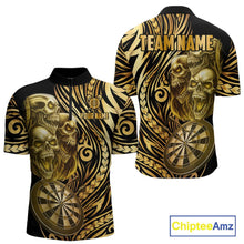 Load image into Gallery viewer, Black And Gold Custom Skull Darts Shirt For Men, Tribal Darts Team Jersey Polo &amp; Quarter Zip TDM5805