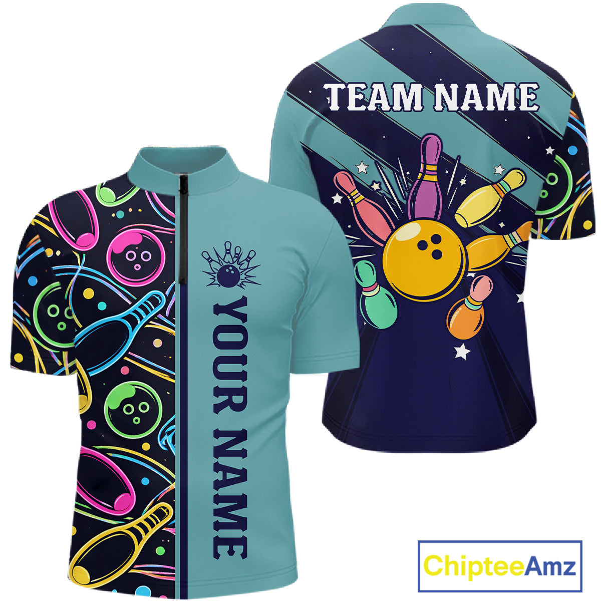 Personalized Funny Neon Bowing Shirt For Men, Retro Bowling Team Jersey Polo & 1/4 Zip | Teal TDM6187
